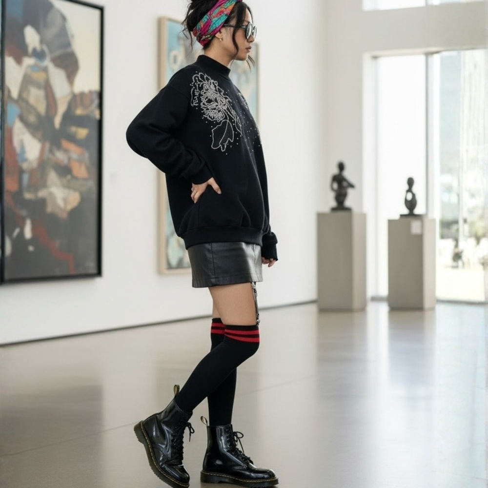 Vintage Black Rhinestone Floral Mock Neck Sweatshirt 80s 90s Coquette L - Picture 3 of 10